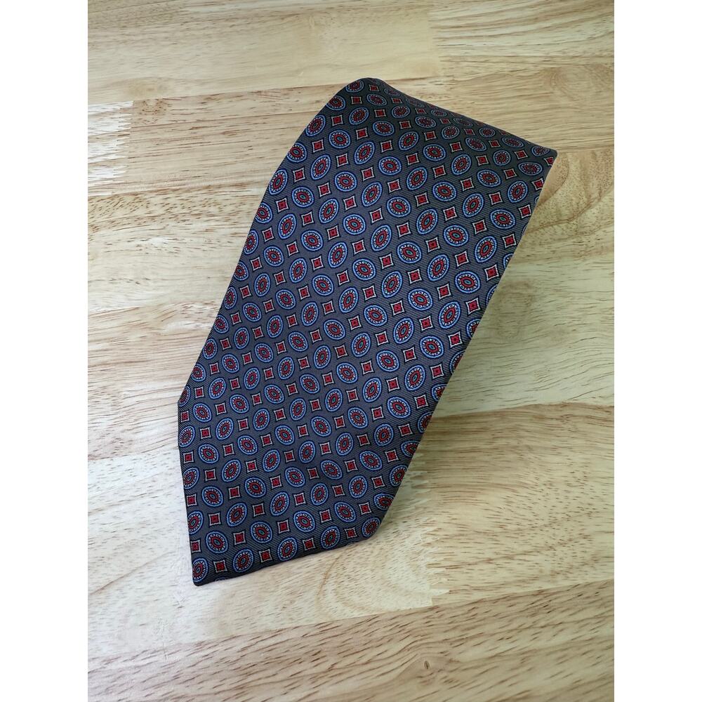 Claybrooke Men's 100% Silk Neck Tie Steel Blue Red Geometric